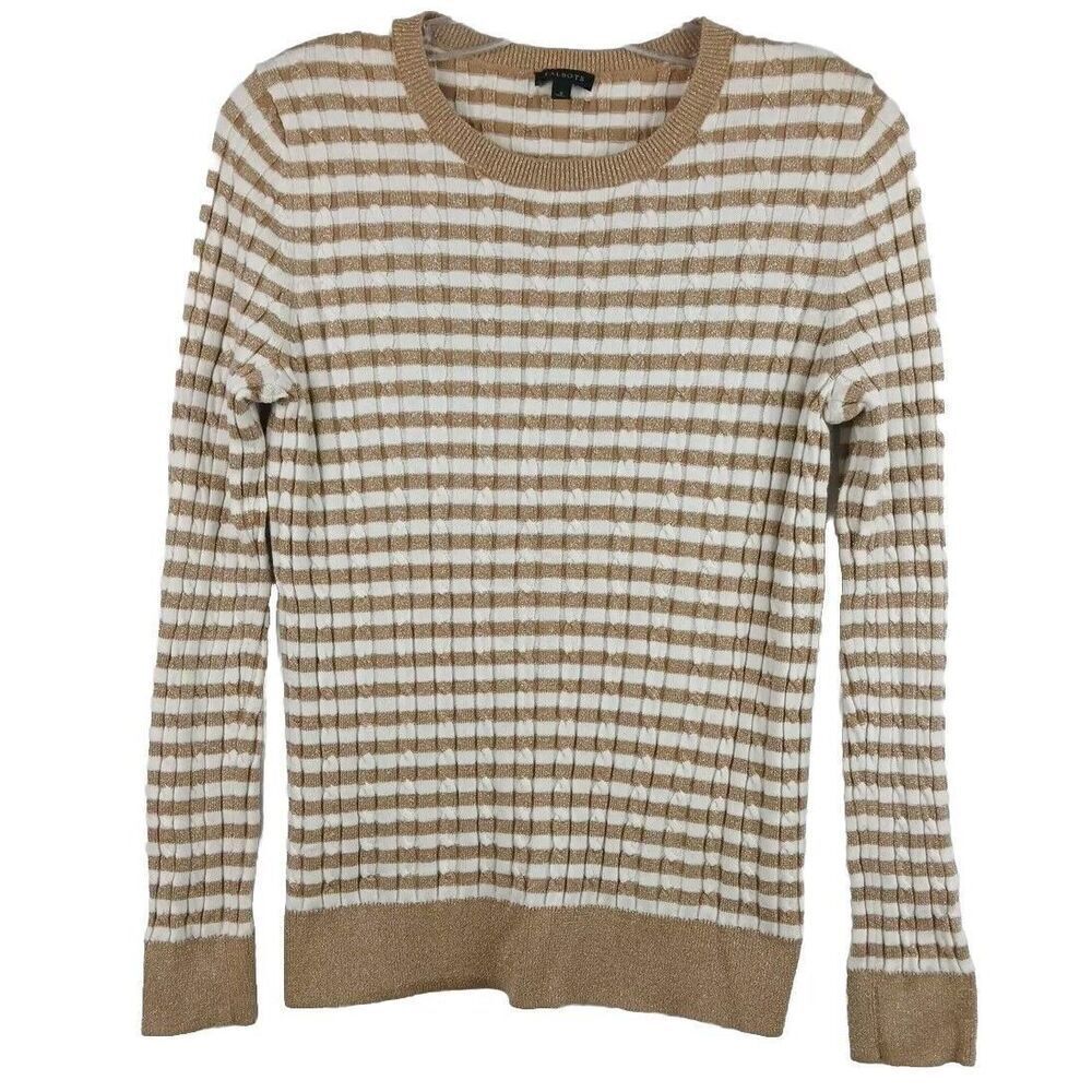 Talbots Women's Sweater Ivory, Tan & Gold Cableknit Crewneck Long sleeve Size S
